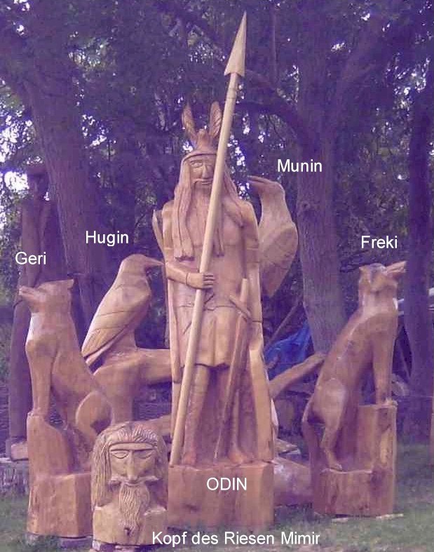Ich bin der Odin mit meinen Wölfen, Geri und Freki und den Raben Hugin und Minin. Vor mir steht der präparierte Kopf des Riesen Mimir.  Klick auf das Bild und es geht zurück auf die Ausgangsseite.