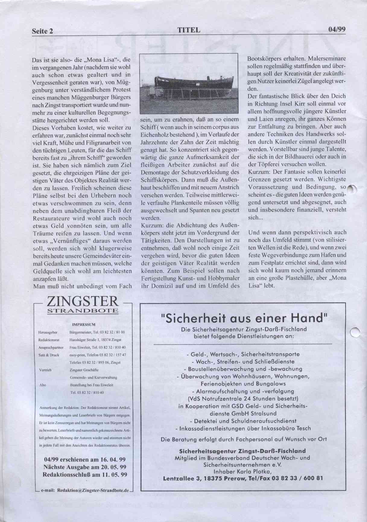 Artikel im Zingster Strandboten im April 1999