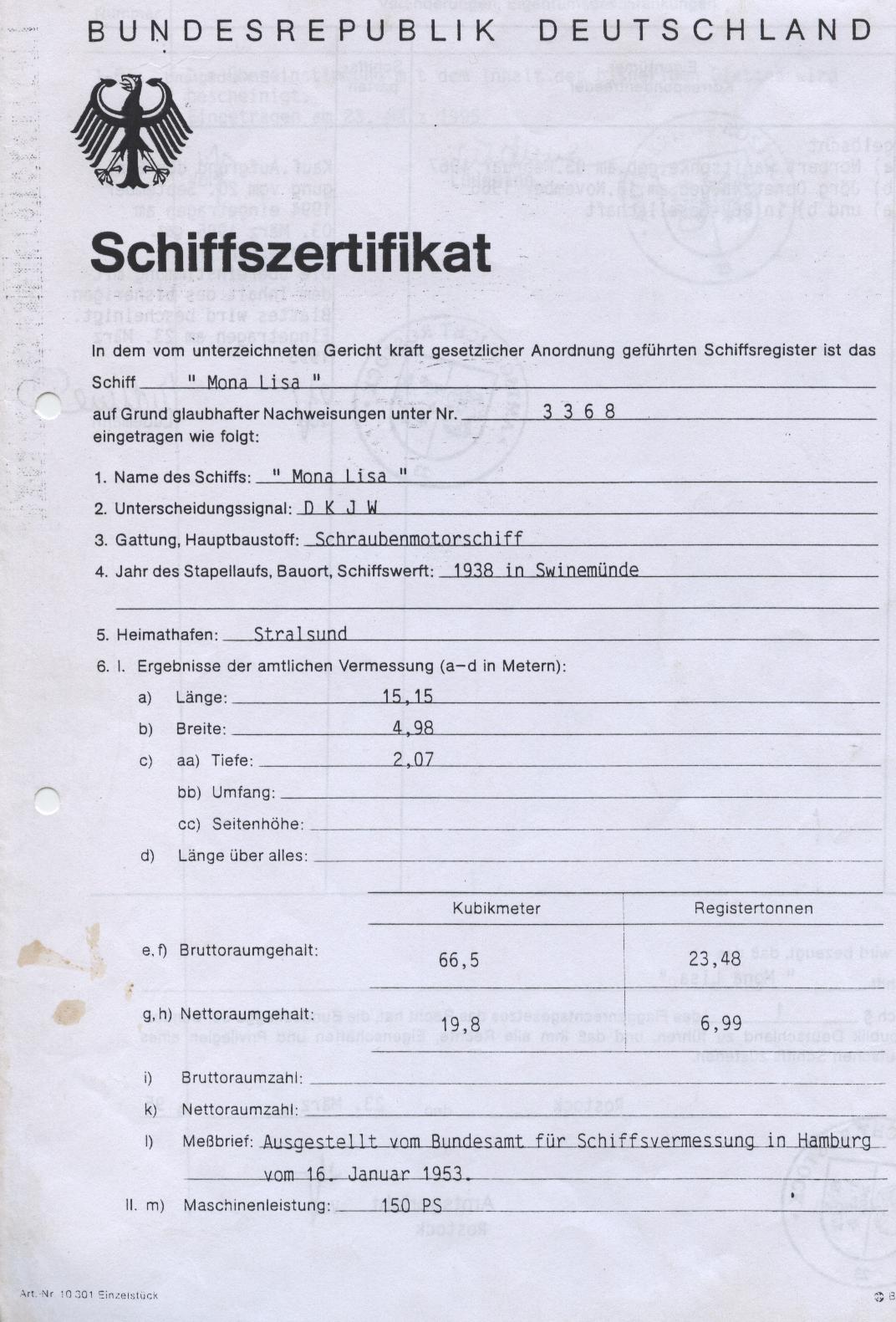 Auszug aus dem Schiffszertifikat - Seite 1 - Klick zurck